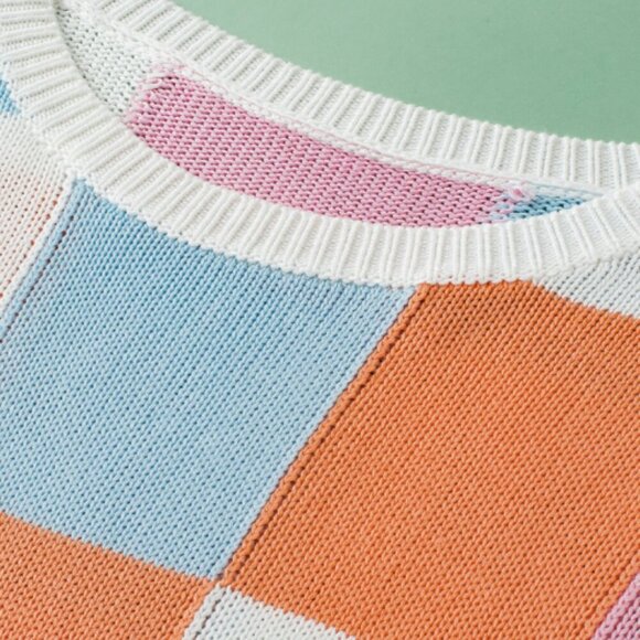 NWT Contrast Plaid Round Neck Crop Cap Sleeve Sweater - Picture 3 of 10